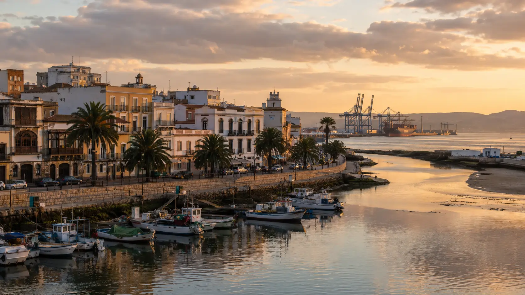 Historic harbor area of Algeciras at the Pesquero fishing basin with the Río de la Miel mouth and traditional Andalusian waterfront
