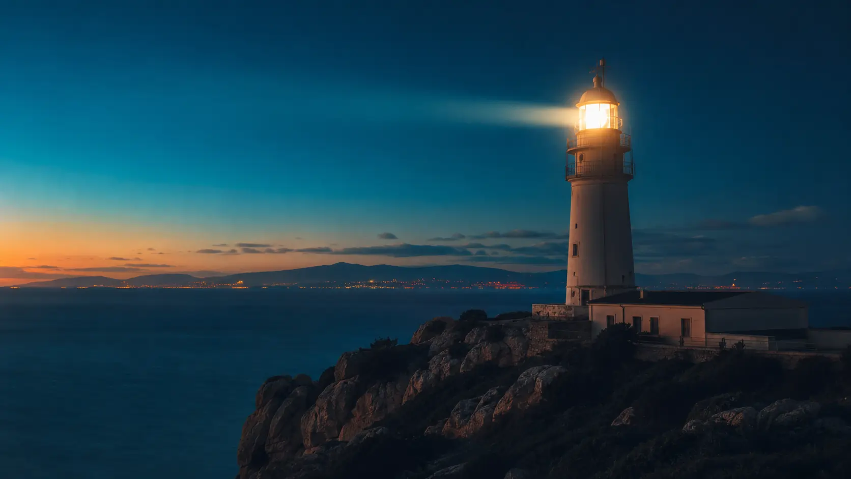 Lighthouse on the southern Iberian coast at twilight overlooking the Strait of Gibraltar toward Morocco