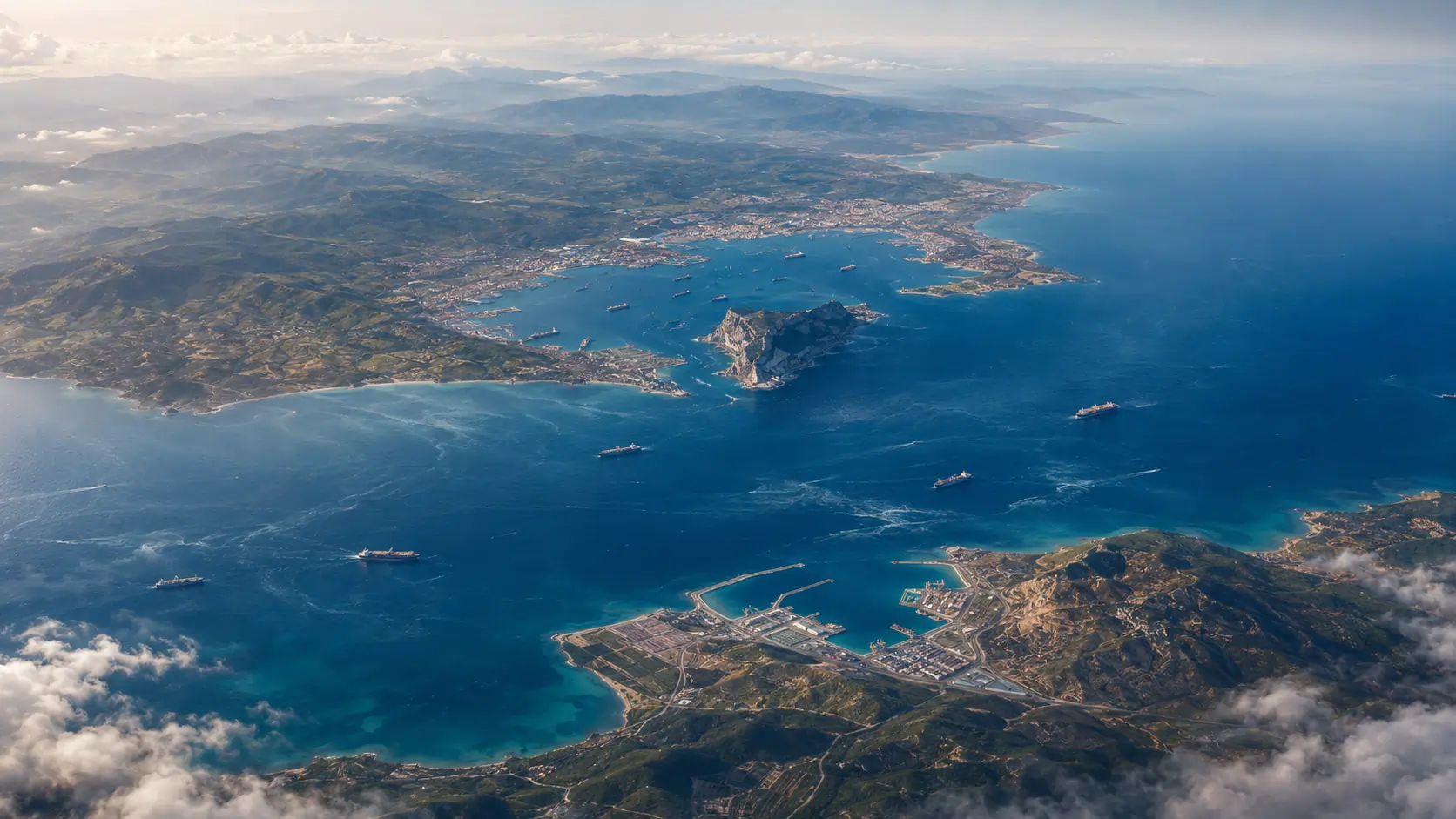 Strait of Gibraltar corridor overview showing the ports of Algeciras and Tanger Med on opposite shores with the Rock of Gibraltar between